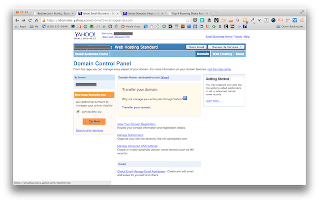 Yahoo! Domain Control Panel screenshot