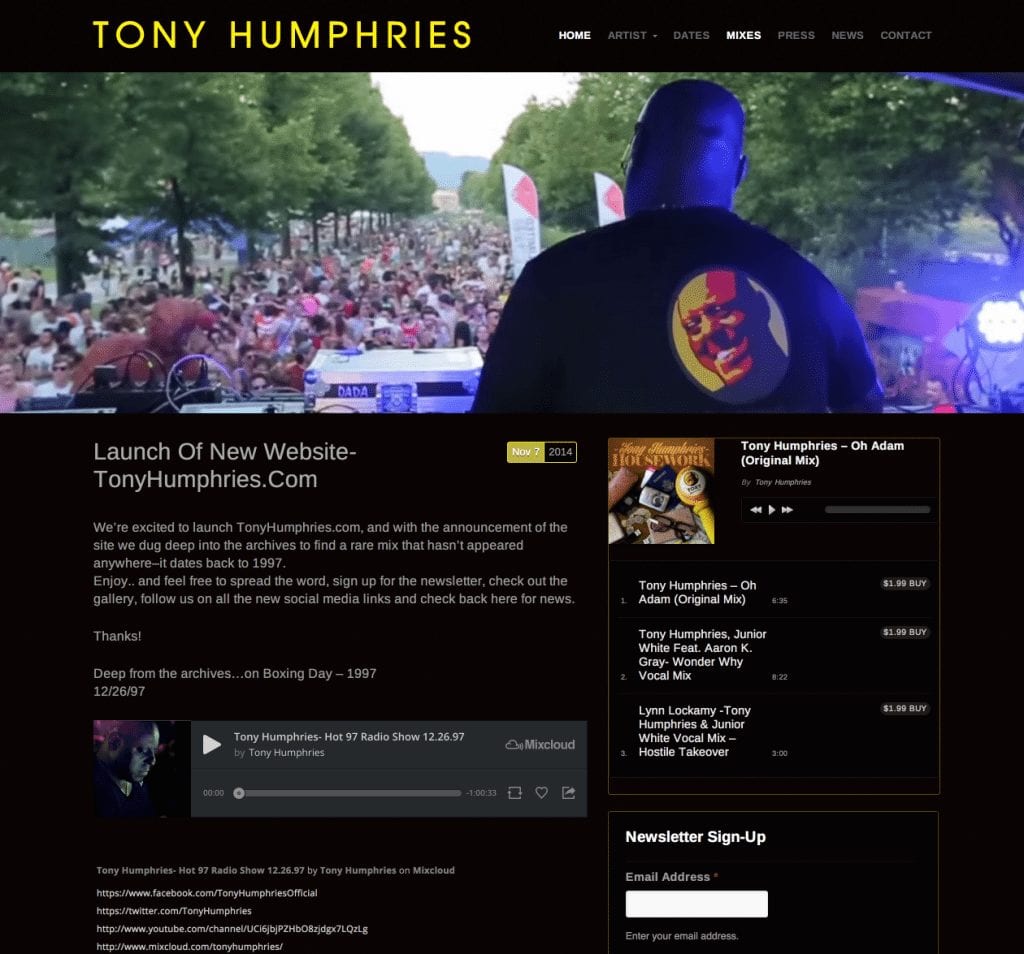 Screenshot of DJ and Producer, TonyHumphries.com Website