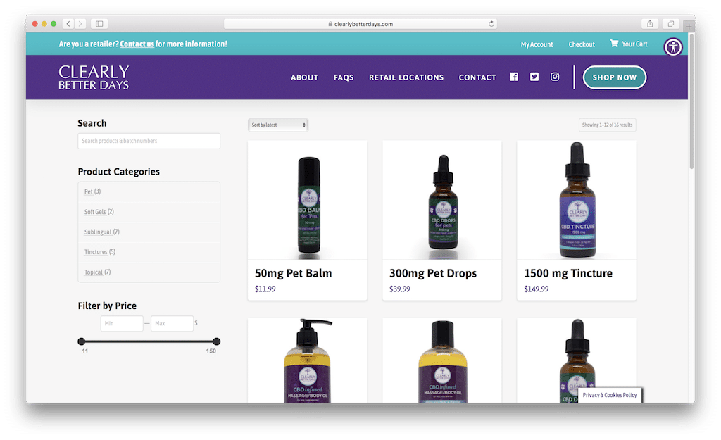 Clearly Better Days CBD website product and category filter and search